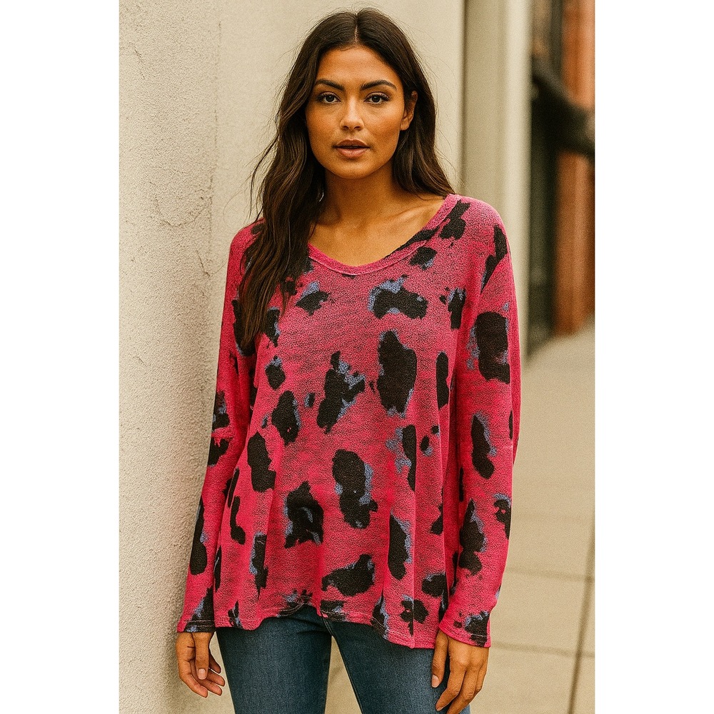Bibi Women's Pink Black Blue Leopard Print Knit V-Neck Long Sleeve Sweater Top M